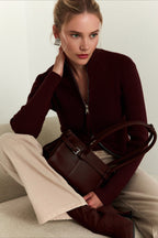 Ribbed Stand Collar Zip Front Fitted Sweater