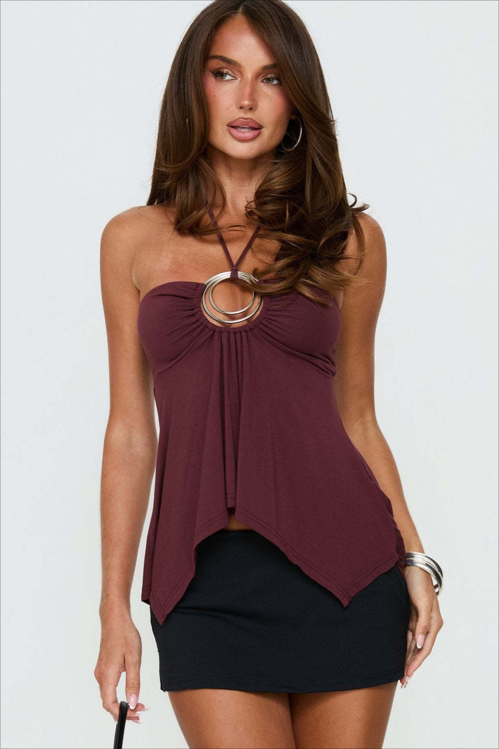 Metal Ring Ruched Handkerchief Tube Top