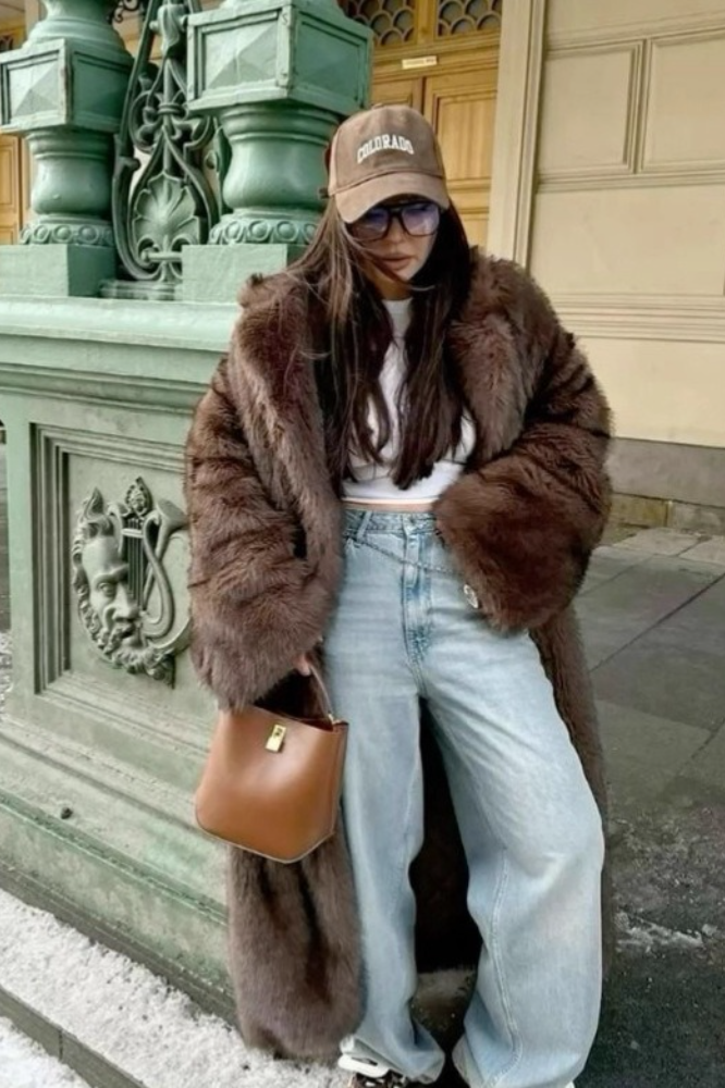 Retro Faux Fox Fur Notched Lapel Long Overcoat Secondary image