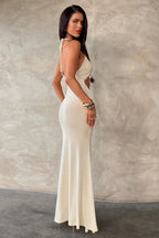 Pearl Draped Halter Cutout Backless Party Dress