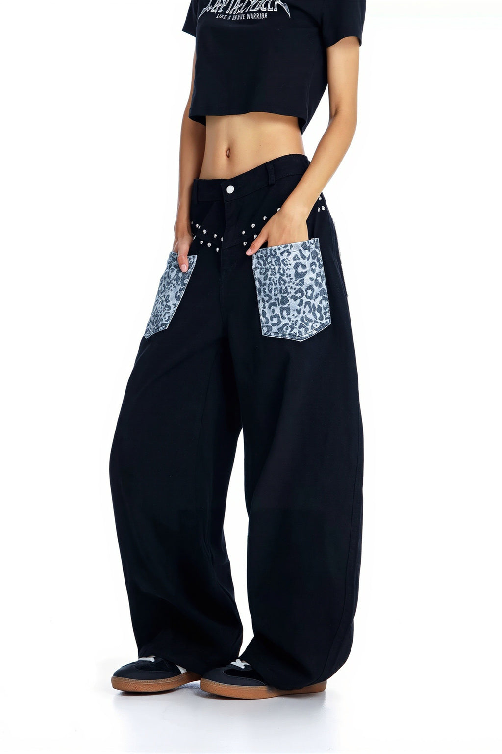 Leopard Panel Studded Barrel Leg Jeans