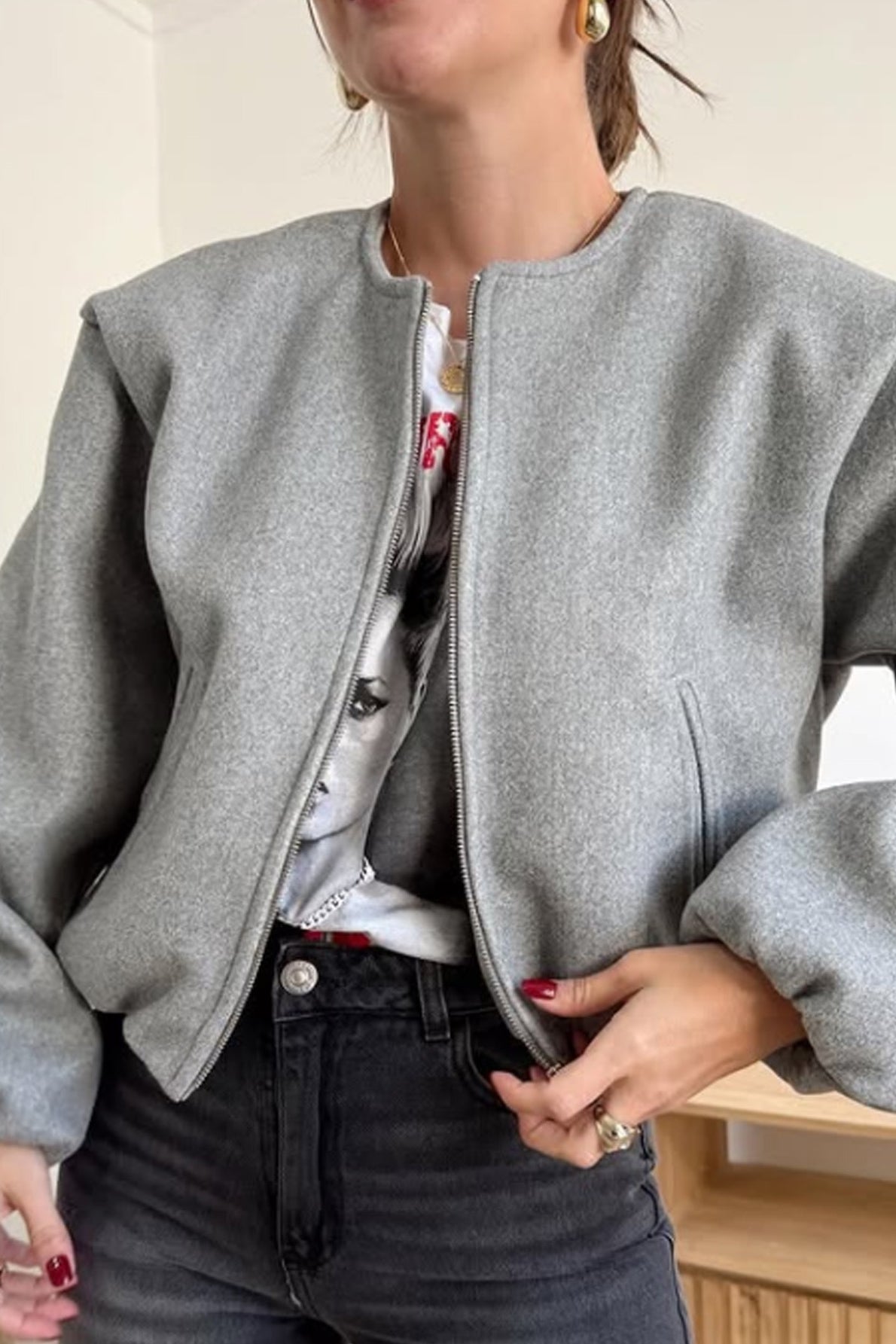Soft Cropped Crew Neck Bomber Jacket Secondary image
