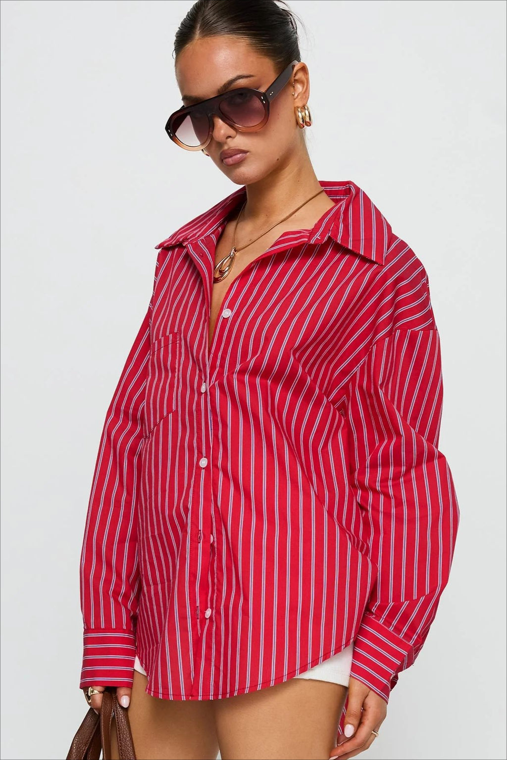 Oversized Red Stripe Long Sleeve Button Blouse
