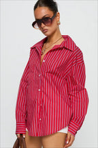 Oversized Red Stripe Long Sleeve Button Blouse