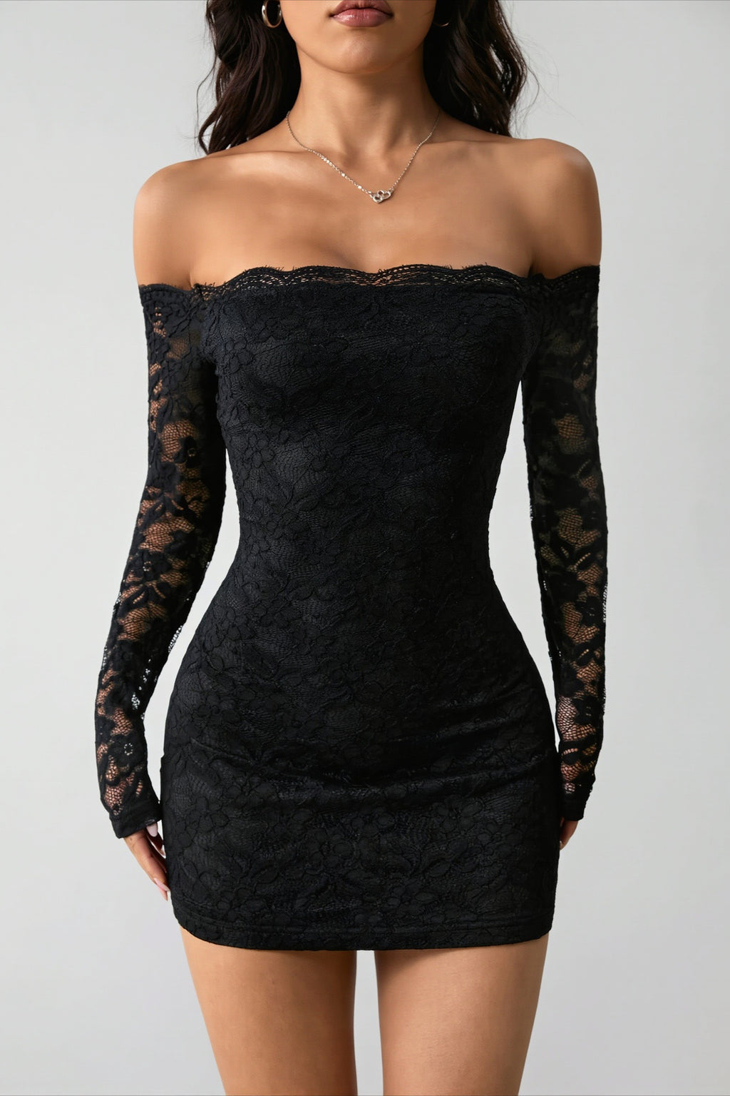 Off Shoulder Lace Long Sleeve Mini Dress