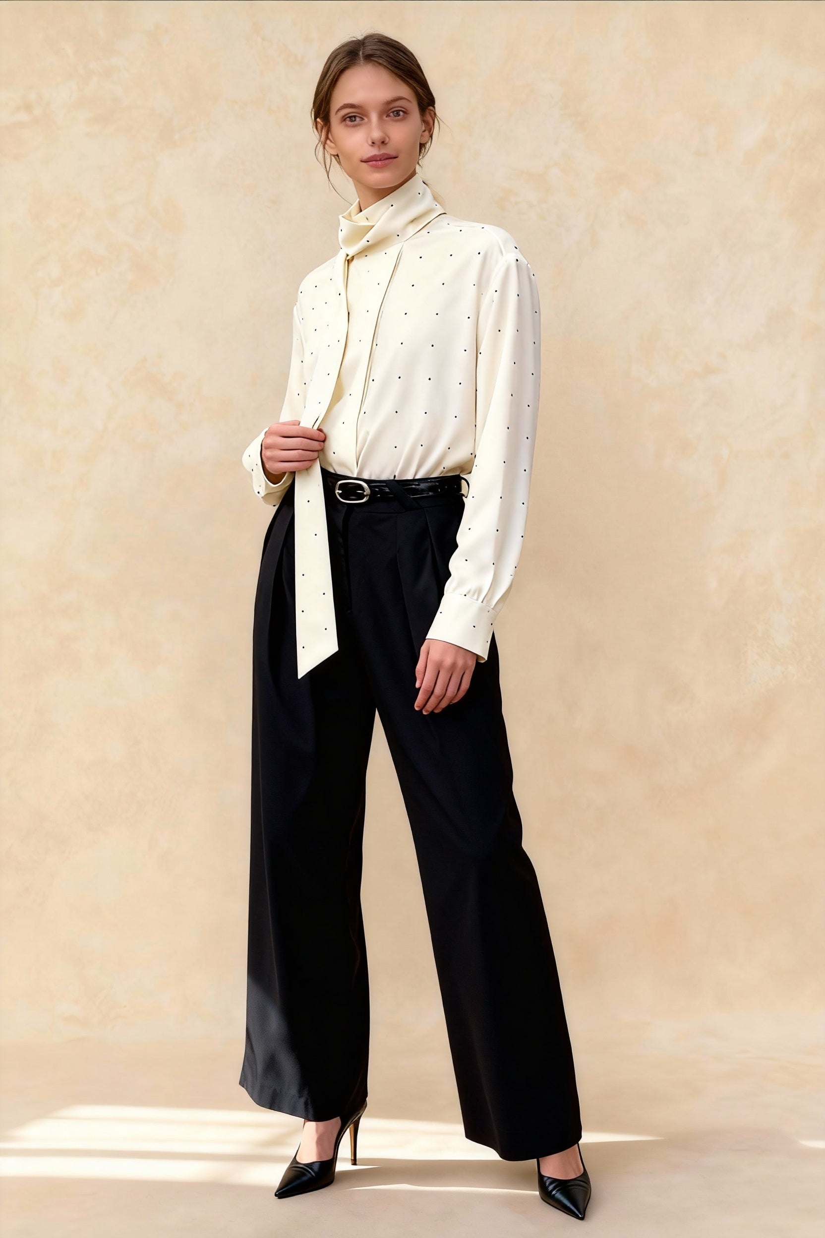 Polka Dot Ribbon-Tie Loose Long-Sleeve Blouse Main image