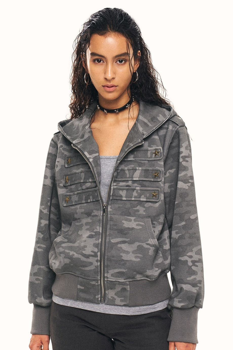Camo Star Button Cropped Zip Hoodie Secondary image