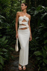 3D Floral Waist Cinch Cutout Halter Maxi Slip Dress