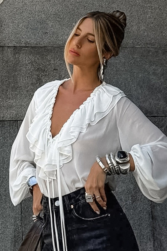 Lantern Sleeve Ruffled V Neck Tie Waist Elegant Blouse Secondary image