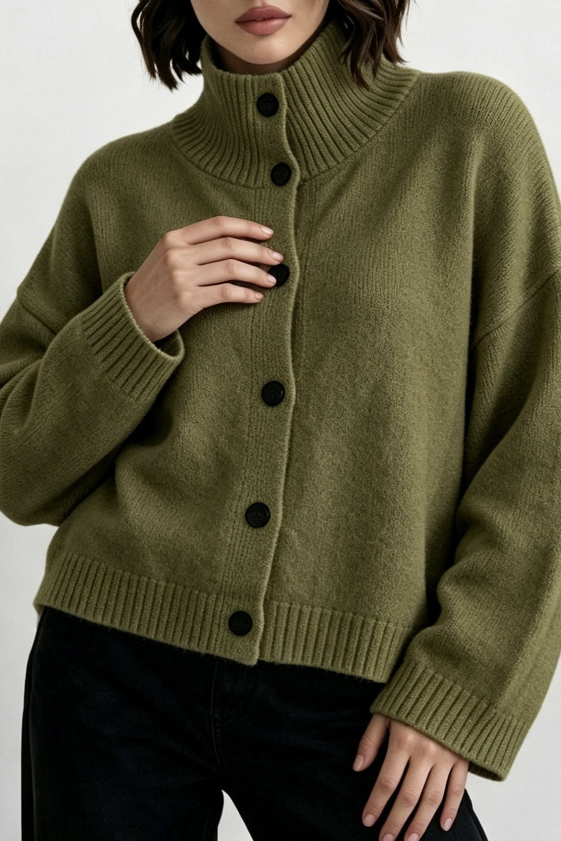 Stand Collar Button Front Relaxed Cardigan Sweater