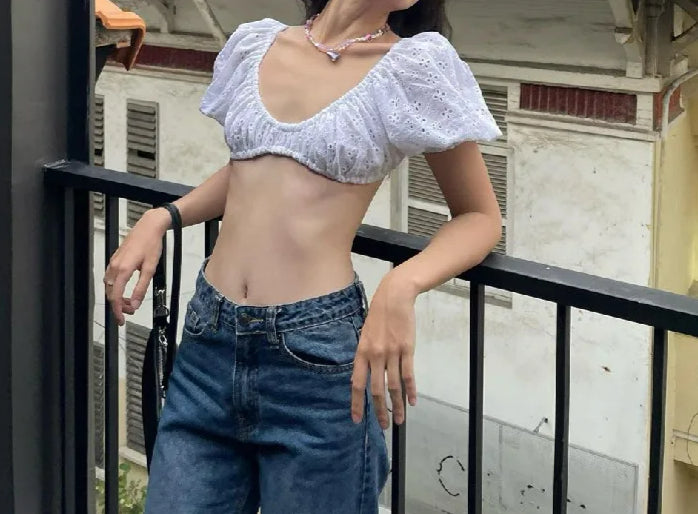 Elegant Puff Sleeve Hollow Out Crop Top Secondary image
