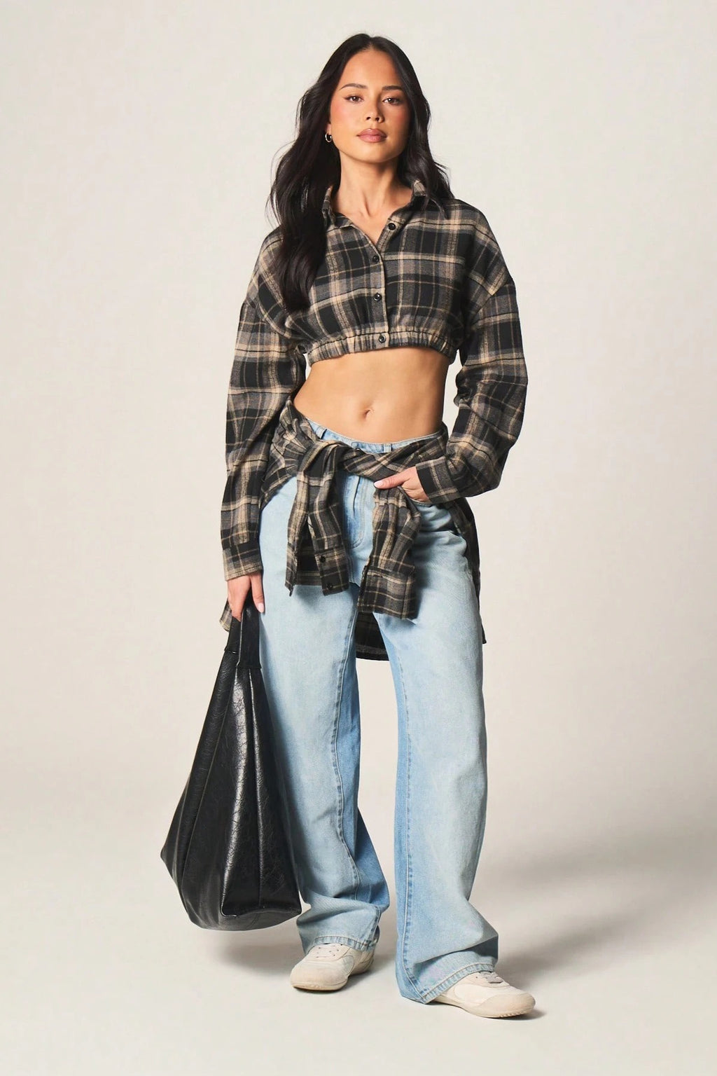 Plaid Elastic Hem Cropped Long Sleeve Blouse