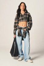 Plaid Elastic Hem Cropped Long Sleeve Blouse