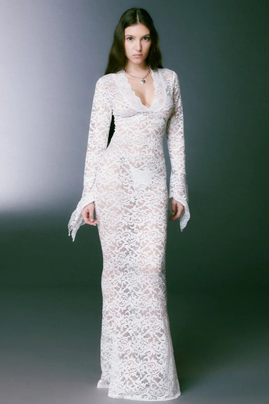 Sheer Lace Deep V-Neck Flared Sleeve Maxi Lace Dress Secondary image