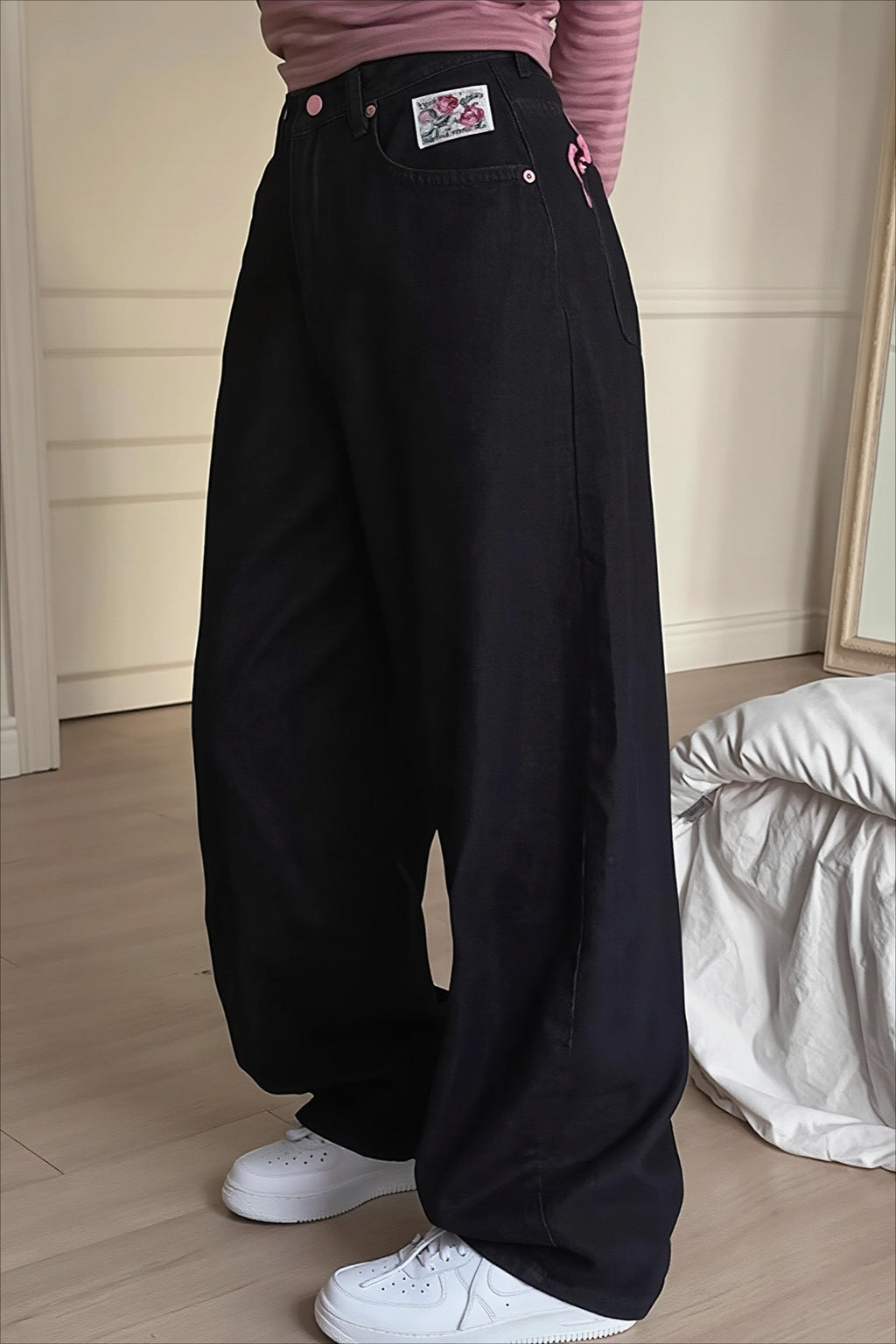 Embroidered Letter High Waist Wide Leg Jeans