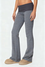 Striped Foldover Waist Flare Leg Pants