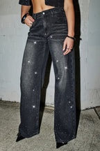 Rhinestone High Waist Loose Straight Leg Jeans