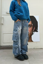 Multi Pocket Washed Streetwear Straight Leg Jeans