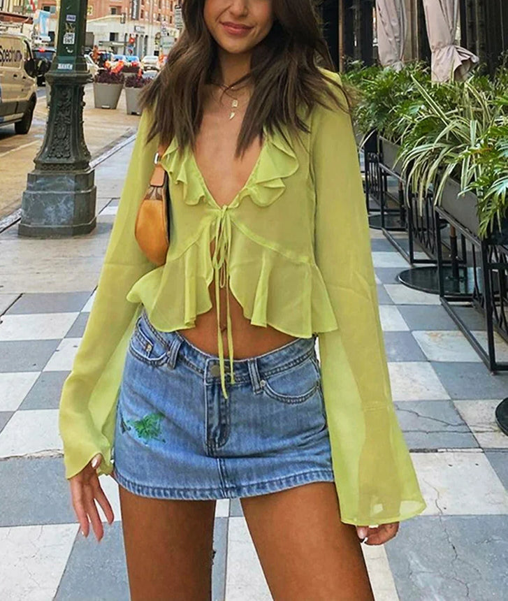 Bell Long Sleeve V Neck Lace Mesh Sheer Top Main image