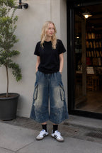 Multi Pocket Ruched Cargo Relaxed Straight Jeans