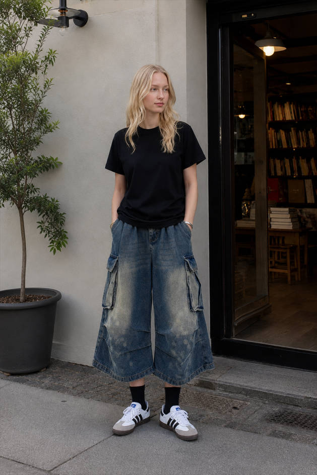 Multi Pocket Ruched Cargo Relaxed Straight Jeans