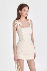 Bow Strapless Boucle Top Skirt Tweed Suit Set