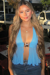 Mesh Panel Metal Buckle Halter Crop Top