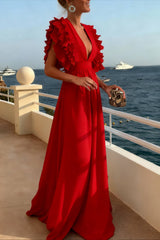 V Neck Ruffled High Waist Dress