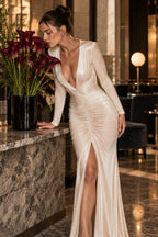 Deep V High Slit Long Sleeve Maxi Dress