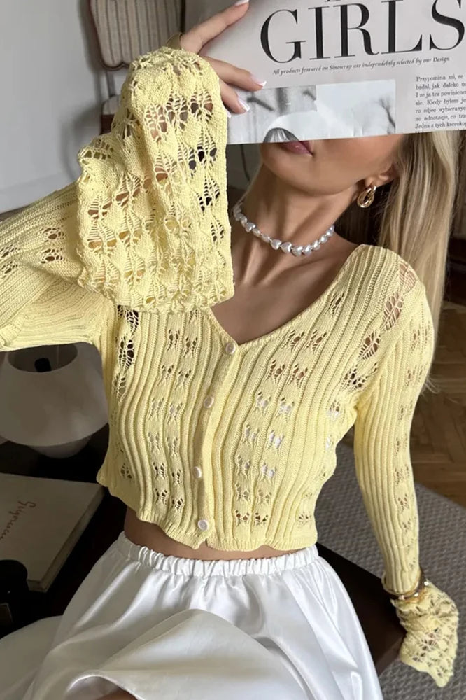Slim Hollow Knit V Neck Button Cardigan Secondary image