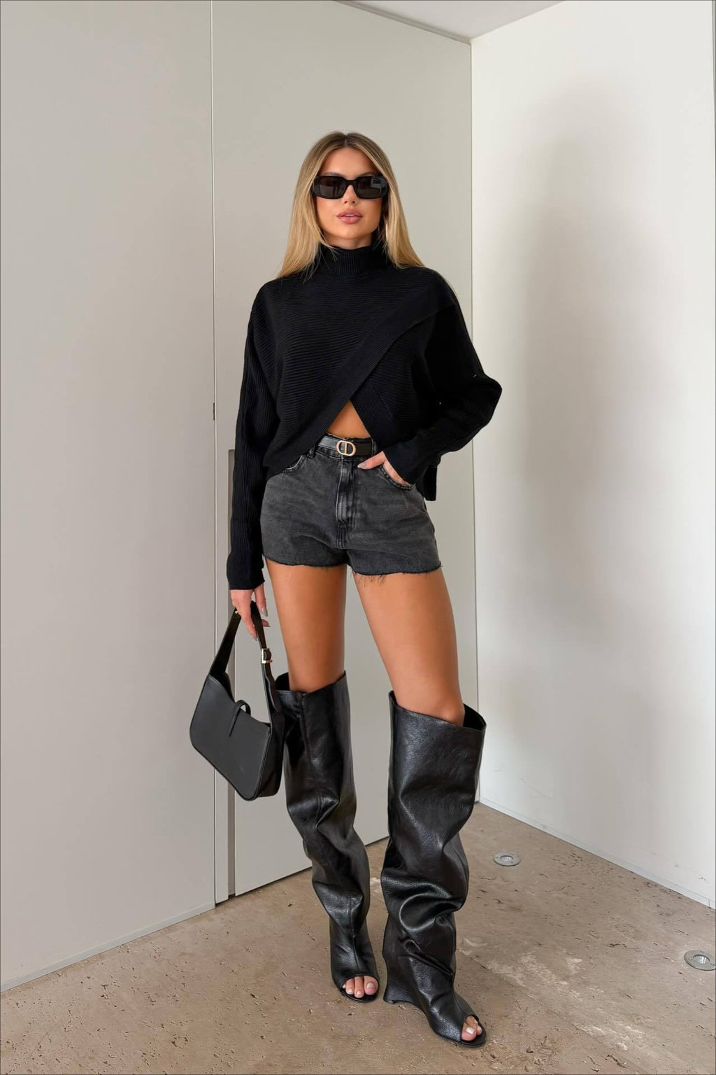 Cross Front Hem Cropped Turtleneck Knit Sweater