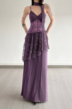 Lace Trim Sheer Waist Tie Cami Maxi Lace Dress