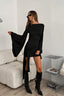 Solid Crew Neck Bell Sleeve Tie Waist Mini Dress