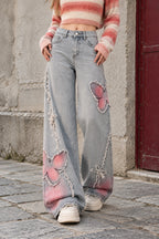 Butterfly Patch Washed Wide Leg Jeans