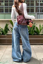 Studded Waist Wide Leg Barrel Jeans