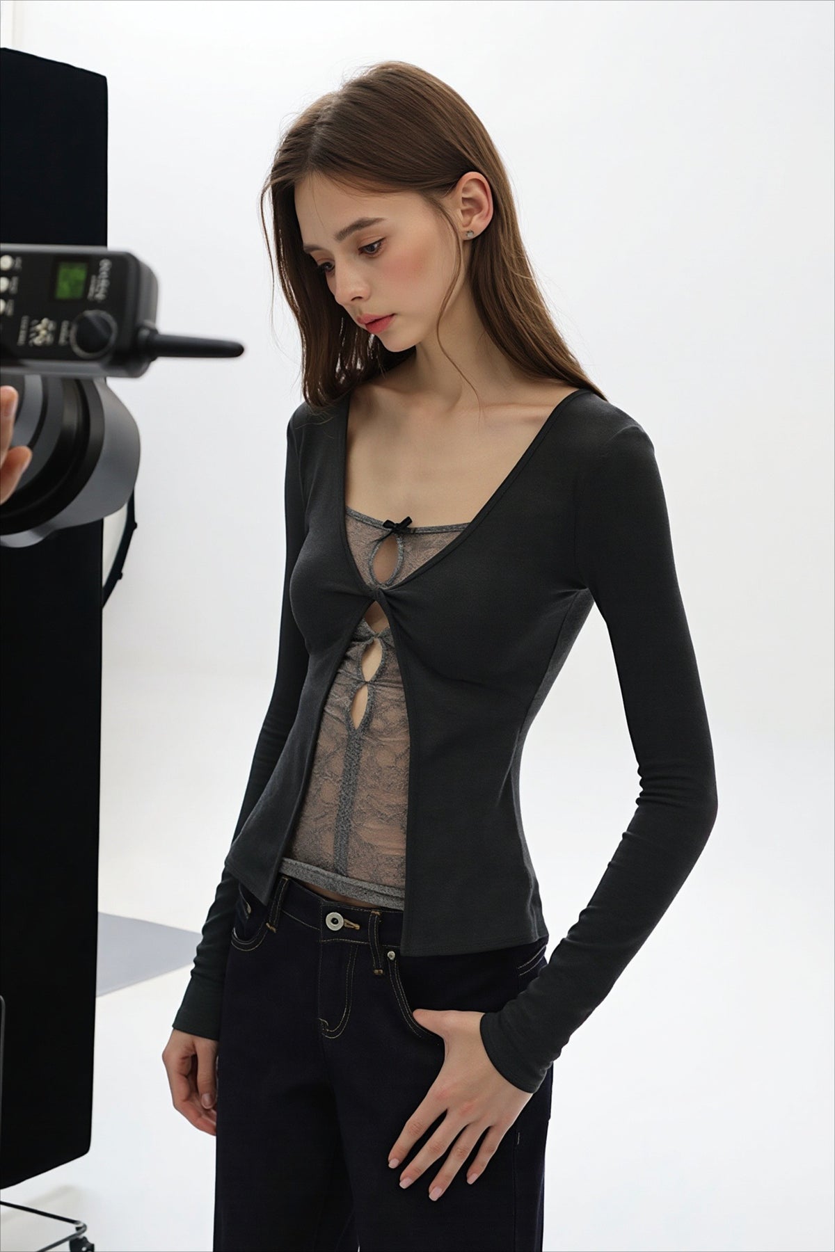 Cutout Mesh Layered Slim Long Sleeve T-shirts