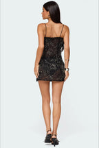Chiffon Mini Beaded Ruffled Side-Seam Sequin Dress