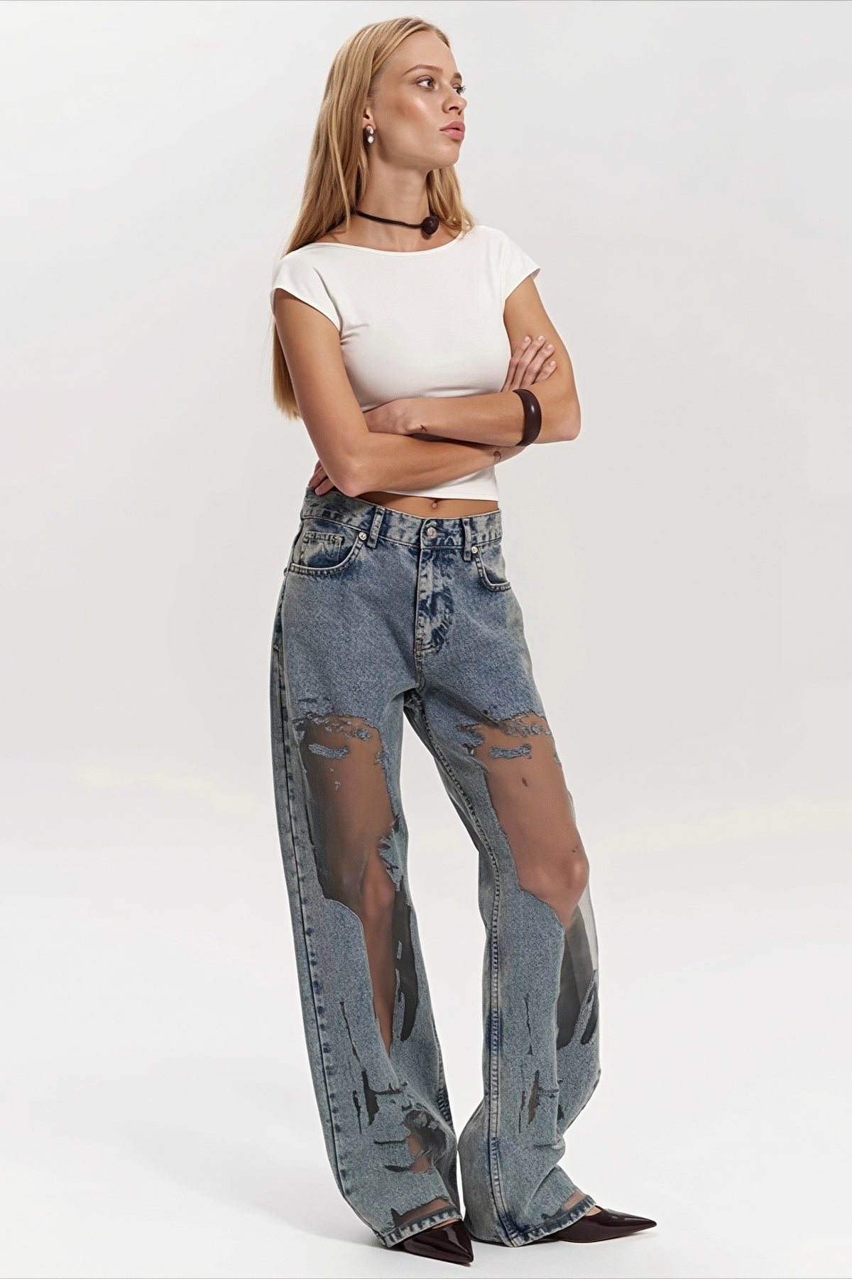 Mesh Panel Textured Y2K Wide Leg Jeans