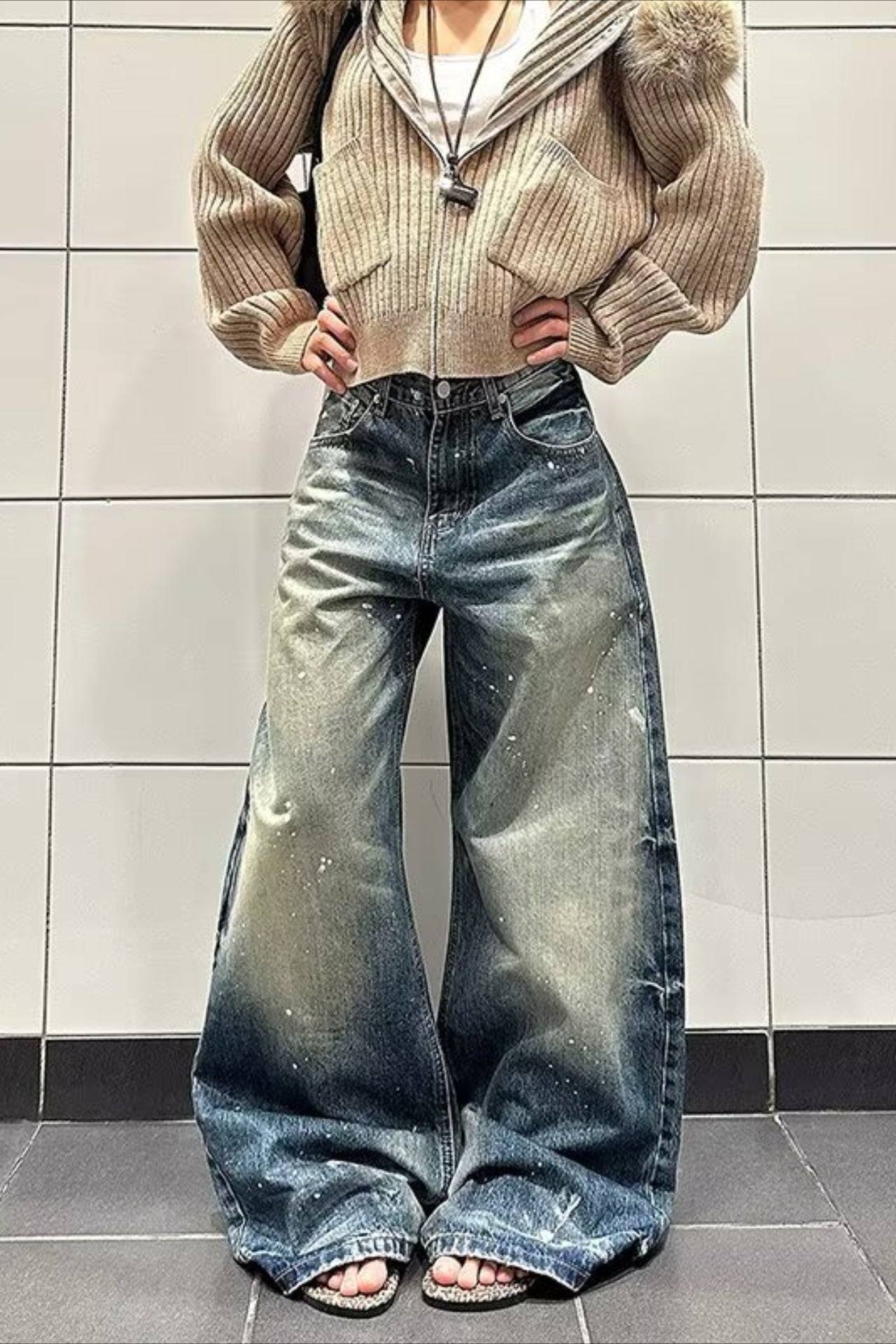 Vintage Washed Splatter Print Bootcut Wide Leg Jeans Main image