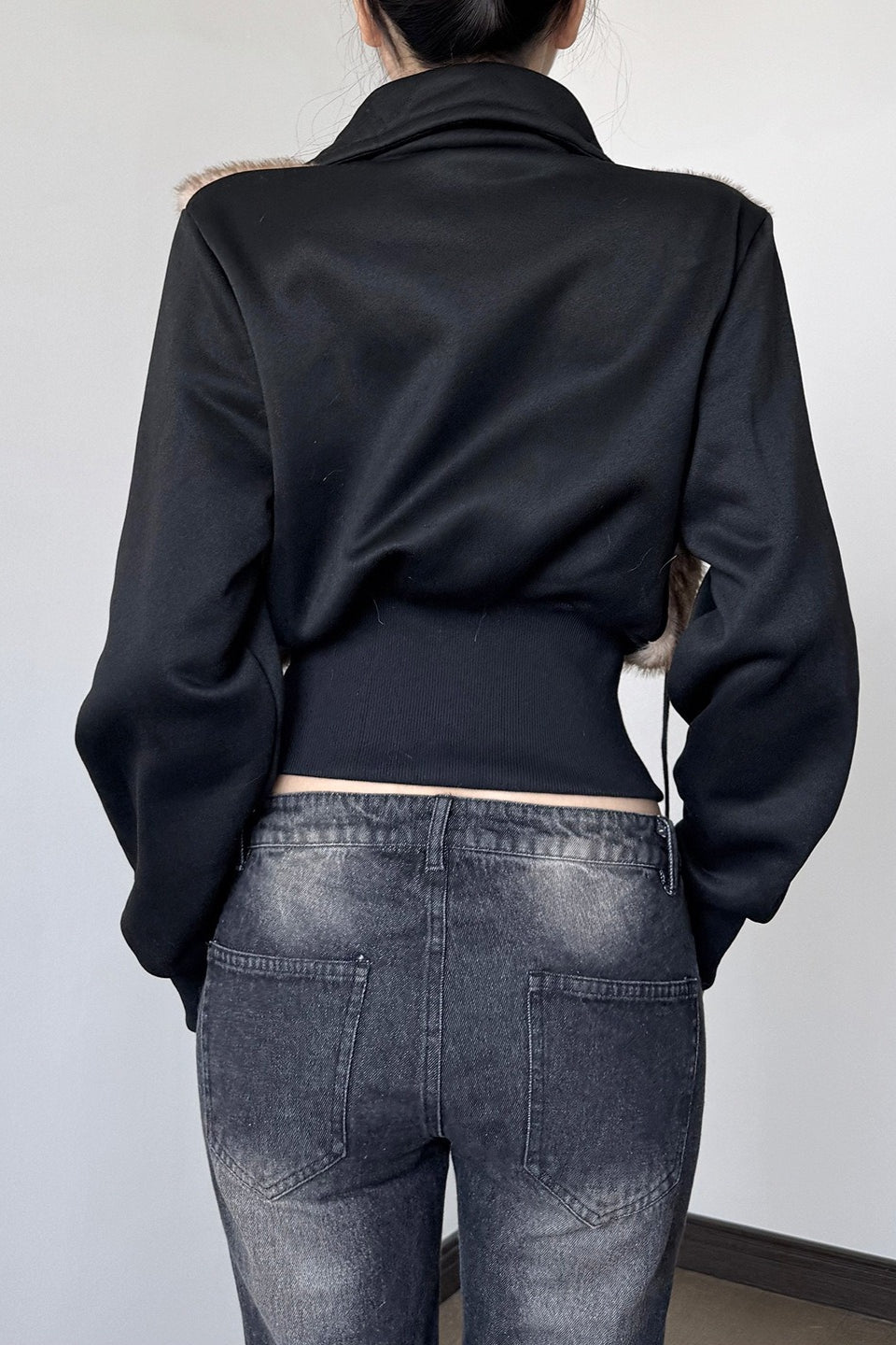 Fur Look Panel Buckle Waist Zip Jacket Secondary image