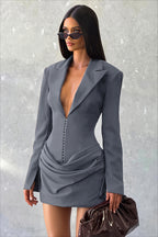 Plunging Lapel Ruched Long Sleeve Mini Party Dress