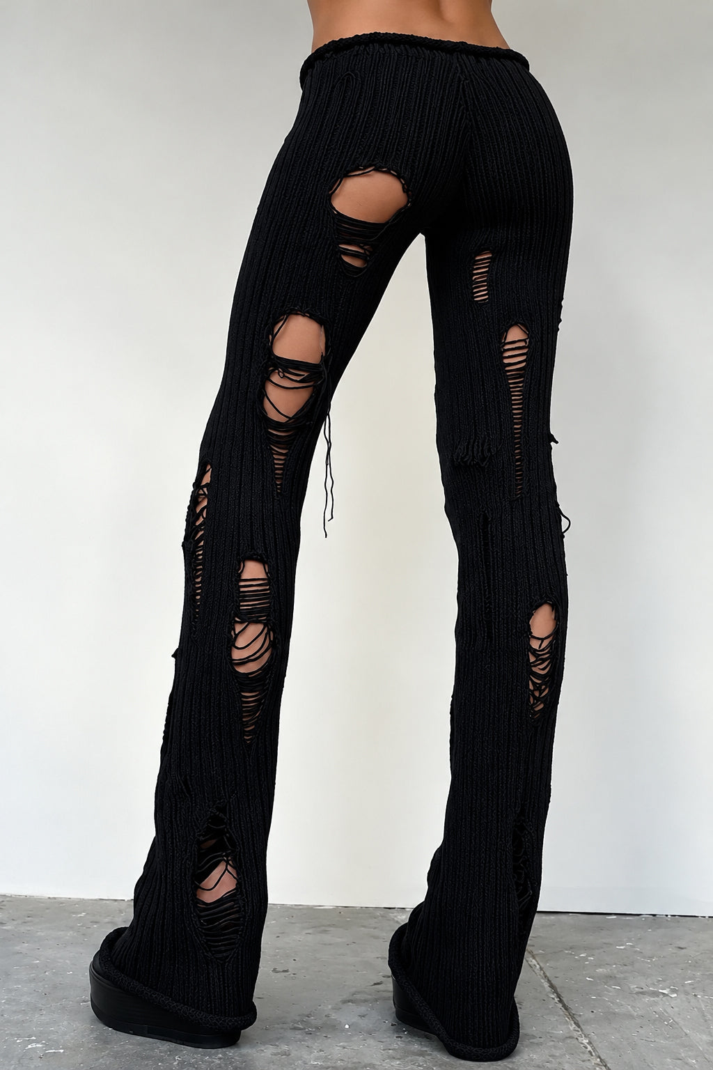 Distressed Ribbed Knit Flared Pants