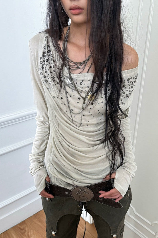 Draped Chain Detail Long Sleeve T-Shirt