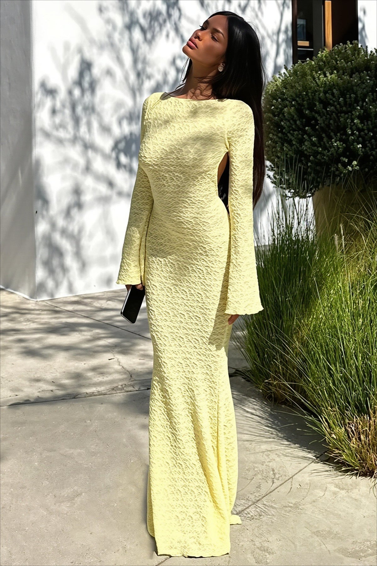 Textured Open Back Long Sleeve Fishtail Maxi Dress Main image