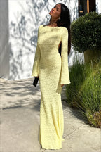 Textured Open Back Long Sleeve Fishtail Maxi Dress