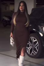 Elegant Stand Collar Long-Sleeve Work Dress