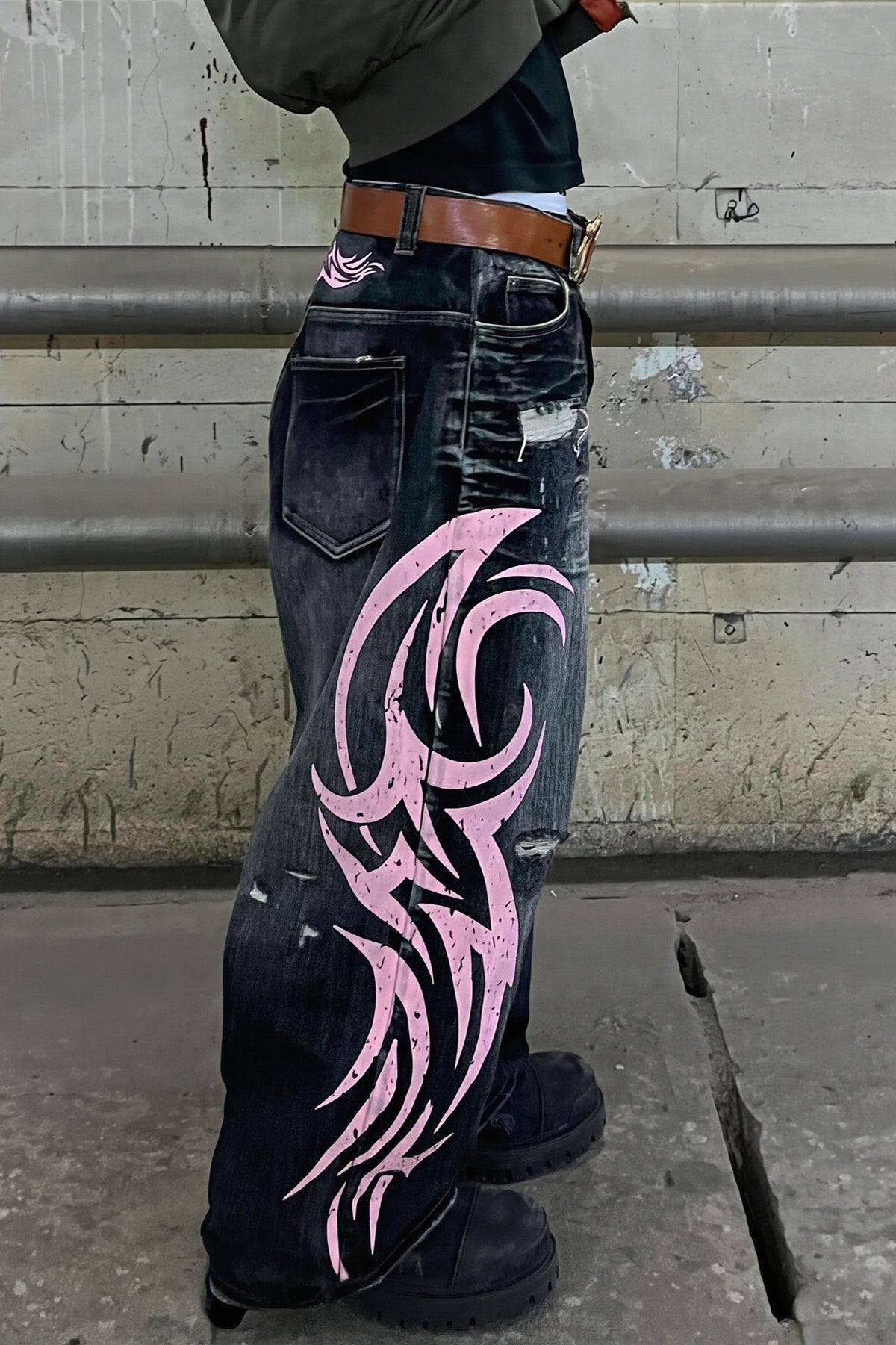 Washed Printed Loose Fit Wide Leg Jeans