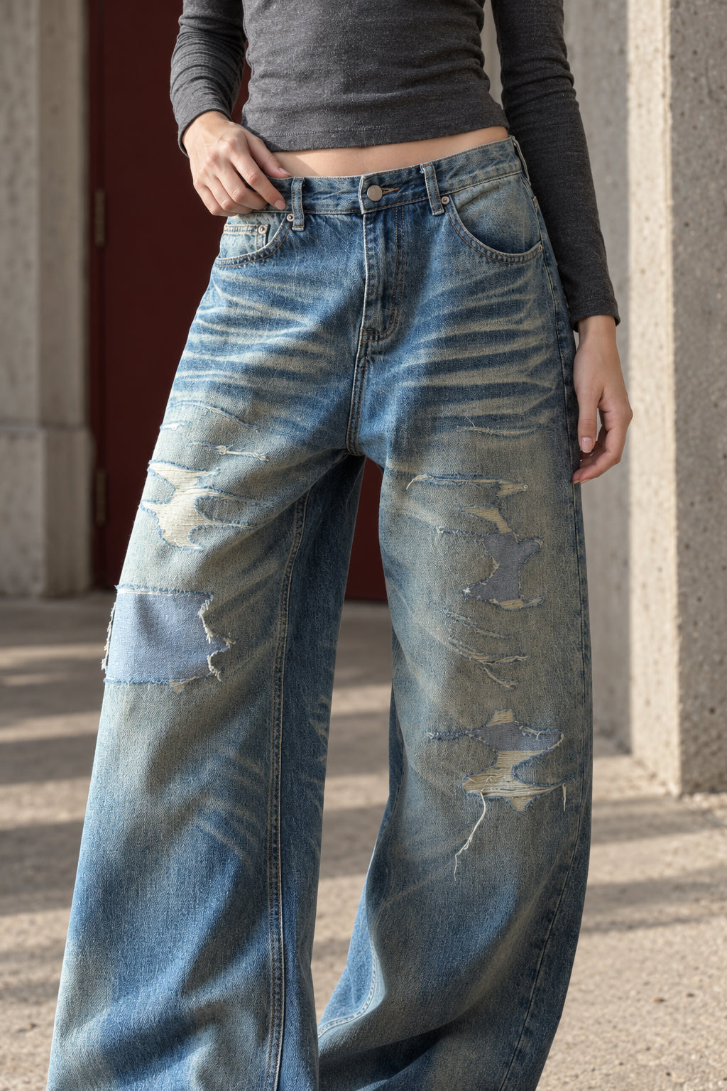 Vintage Washed Distressed Straight Leg Jeans