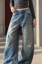 Vintage Washed Distressed Straight Leg Jeans