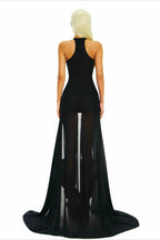 Lace High Neck Asymmetric Train Maxi Dress